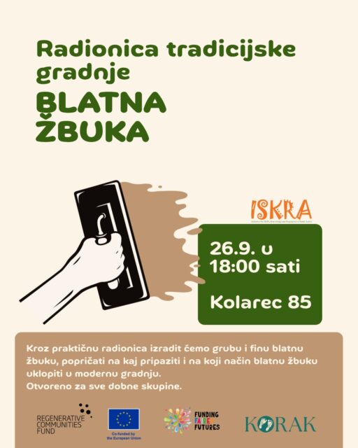 Jeste li znali da zidovi mogu disati, a da prirodni građevinski materijal leži točno pod našim nogama?
Zaboravljamo na gotove industrijske smjese i vraćamo se zemlji, pijesku i slami! Naš Saša Kos provest će nas kroz praktične tajne prirodnog graditeljstva.
Zajedno ćemo zasukati rukave i naučiti kako pripremiti i izraditi grubu i finu blatnu žbuku, na kaj sve treba pripaziti pri odabiru omjera i materijala pa i kako ovu drevnu, zdravu tehniku primijeniti i uklopiti u modernu gradnju i uređenje doma.
Radionica je potpuno praktična, opuštena i otvorena za sve dobne skupine. Bez obzira jeste li iskusni majstor, entuzijast koji želi zdraviji dom ili jednostavno želite s djecom osjetiti zemlju među prstima, probajte kak su naši stari gradili!
📅 26.9. u 18:00 sati
📍 Kolarec 85 (kod područne škole)
Preporuka: Obucite radnu ili stariju odjeću i obuću u kojoj se možete bez brige zaprljati.
Događaj organizira udruga KORAK u sklopu projekta ISKRA te povodom Europskog dana održivih zajednica (#EDSC), uz sufinanciranje od strane Europske Unije kroz Regenerative Communities Fund.
#RegenerativeCommunitiesFund #prirodnagradnja #blatnažbuka #Kolarec #ISKRA