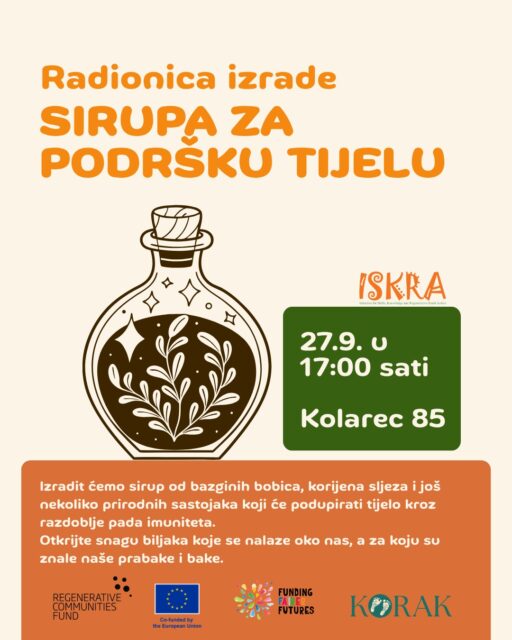 Jesen nam polako kuca na vrata, a s njom i sezona prehlada i viroza.

U sklopu Dana tradicije okrećemo se mudrosti prirode i znanju koje su naše bake i prabake čuvale generacijama. Zakuhat ćemo i pripremiti moćni domaći eliksir za hladnije dane!

Kroz praktičnu radionicu naučit ćemo kako pravilno pripremiti ljekoviti sirup od bobica crne bazge, korijena sljeza i odabranih prirodnih saveznika iz naše okoline.
Otkrijte snagu biljaka koje nas okružuju i pripremite svoje tijelo za zimu na najprirodniji mogući način. Radionica je opuštena, mirisna i namijenjena svima.

📅 Nedjelja, 27.9. u 17:00 sati

📍Kolarec 85 (kod područne škole)

Ponesite dobru volju i malu čistu staklenku (pasterizirat ćemo ju na kraju radionice) ako želite ponijeti dio pripremljenog sirupa kući. Prijava nije potrebna.

Događaj organizira udruga KORAK u sklopu projekta ISKRA povodom Europskog dana održivih zajednica (#EDSC), uz sufinanciranje Europske unije kroz Regenerative Communities Fund.

#UdrugaKORAK #ISKRA #SirupZaImunitet #LjekovitoBilje #DaniTradicije #Kolarec #RegenerativeCommunitiesFund @ecolise.eu